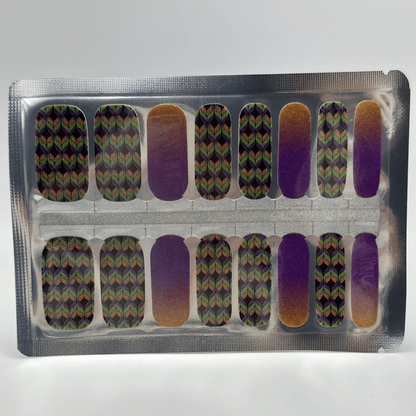 Non-UV nail wraps sheet featuring autumn leaf patterns and purple bronze gradient gel nail designs