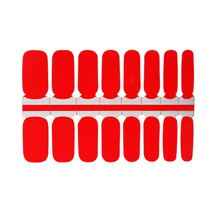 Red nail wraps sheet showing multiple sizes for at-home nail art