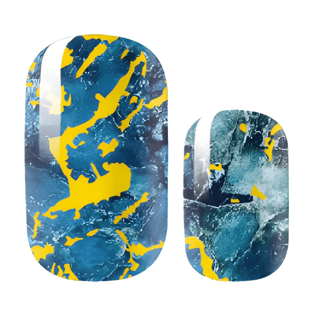 Blue marble nail wraps with yellow gold veining showing abstract stone pattern design