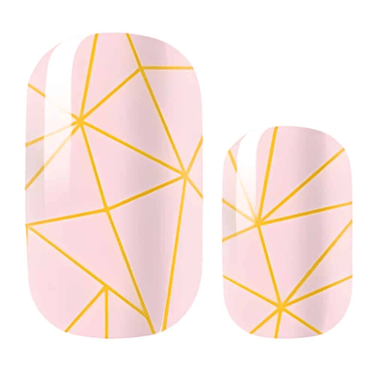 Pink nail wraps with gold geometric lines pattern for at-home manicure