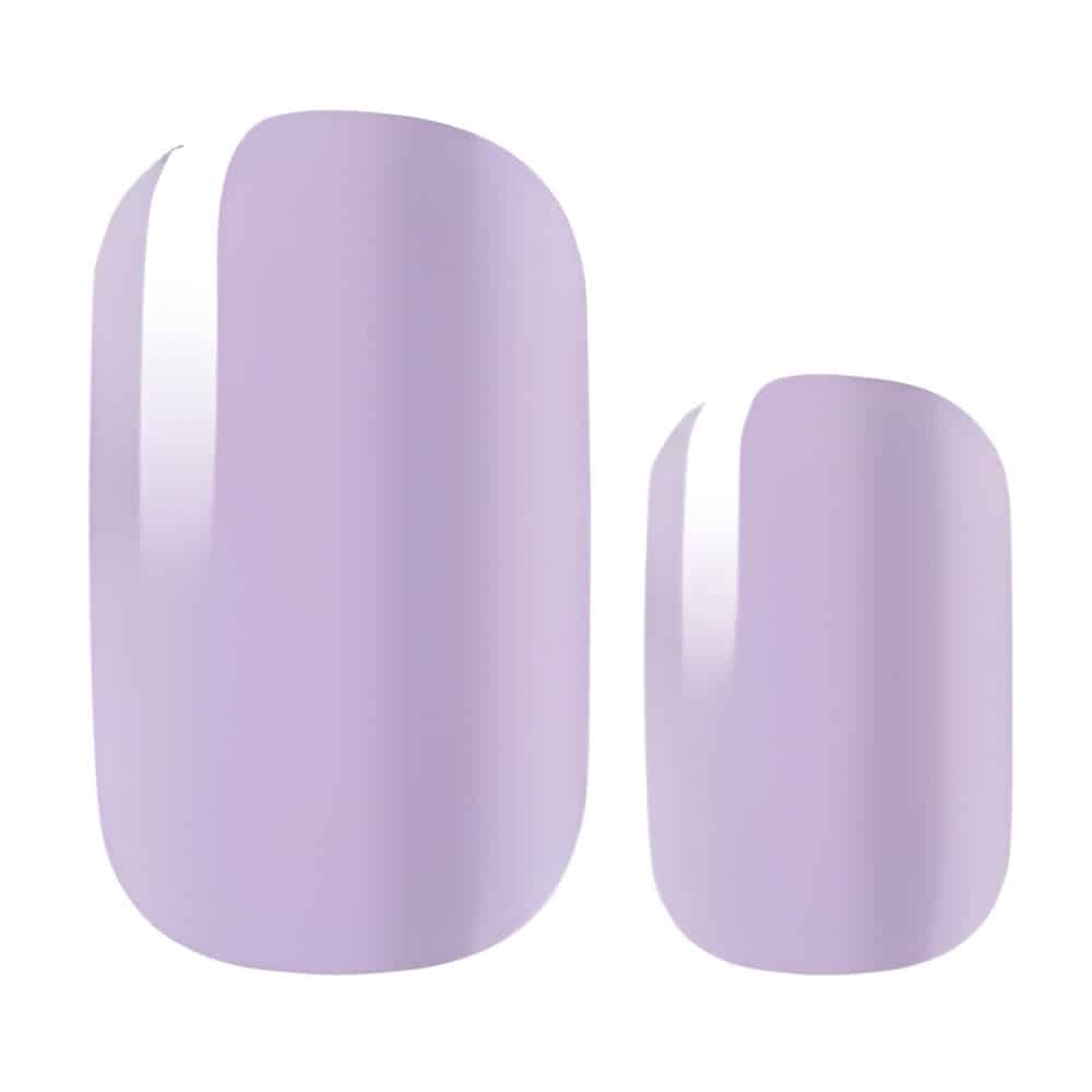 Two lavender purple nail wraps showing glossy pastel finish for DIY manicure