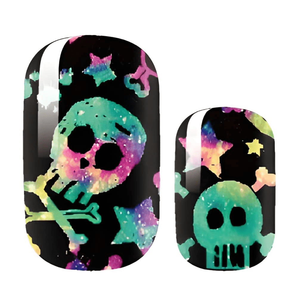 Black holographic skull and crossbones nail wraps with rainbow glitter finish