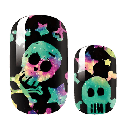 Black holographic skull and crossbones nail wraps with rainbow glitter finish