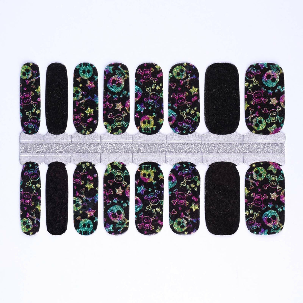 Complete set of skull and crossbones nail wraps with holographic finish