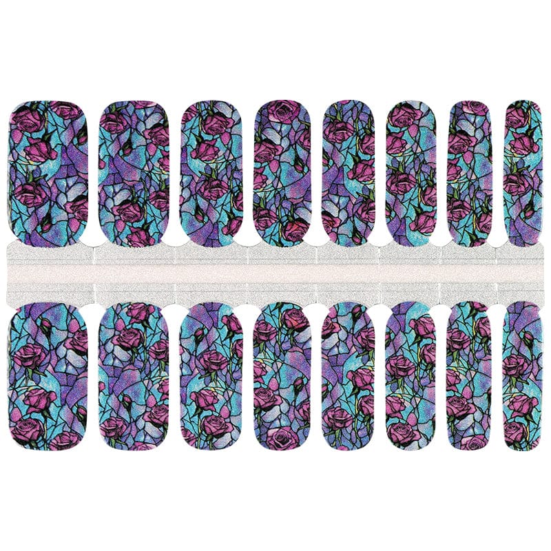 Non-UV nail wraps sheet featuring purple pink stained glass floral rose botanical nail art