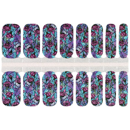 Non-UV nail wraps sheet featuring purple pink stained glass floral rose botanical nail art