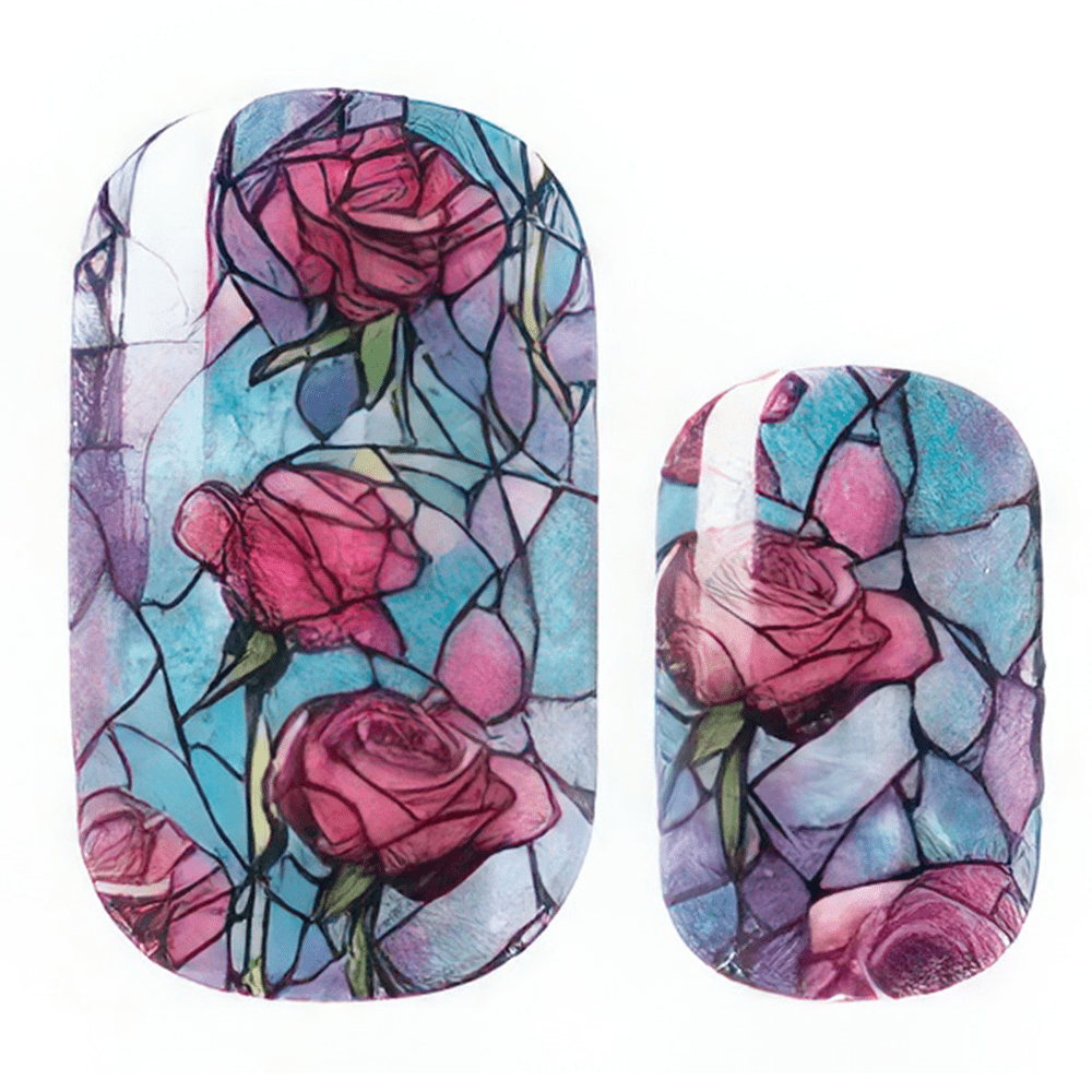 Stained glass floral nail wraps featuring pink roses and blue botanical design