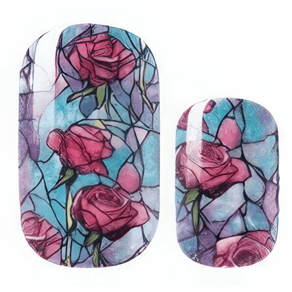 Stained glass floral nail wraps featuring pink roses and blue botanical design