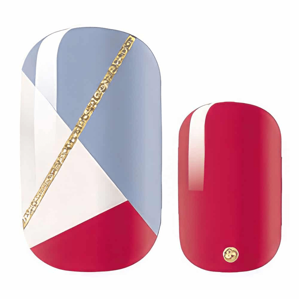 Red white and blue geometric nail wraps with gold chain design