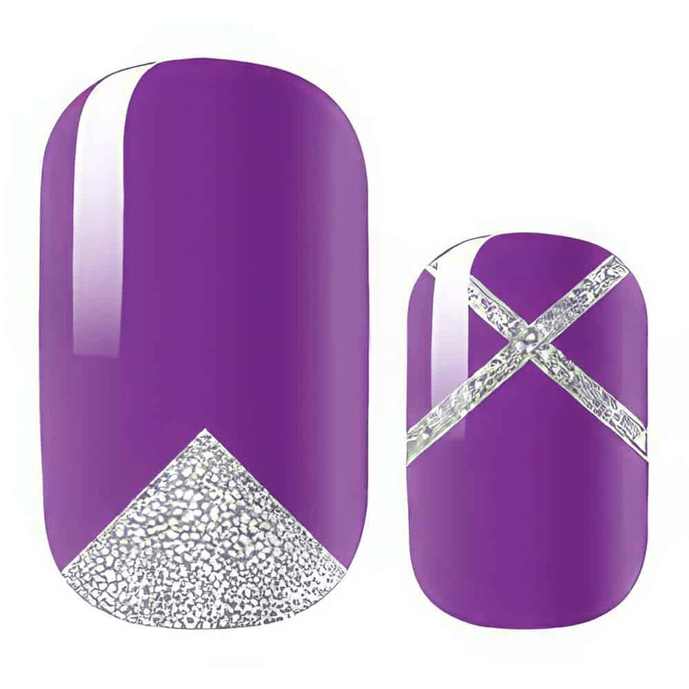 Purple glossy gel nail wraps with silver glitter chevron design geometric nail art