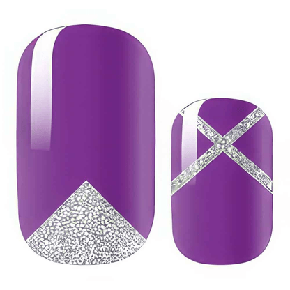 Purple glossy gel nail wraps with silver glitter chevron design geometric nail art