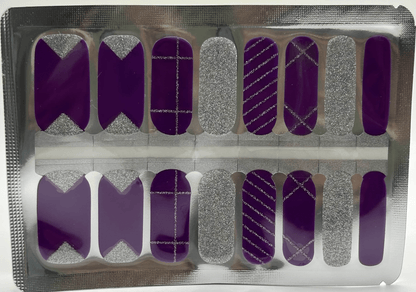 Disco inspired purple and silver metallic nail wraps with geometric glitter patterns