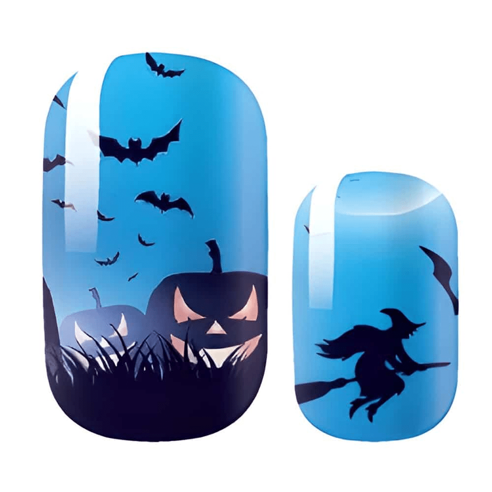Halloween nail wraps with blue gradient bat silhouettes and spooky witch pumpkin design