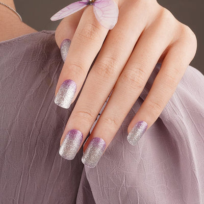 Purple gradient glitter nail wraps manicure with butterfly detail sparkle finish