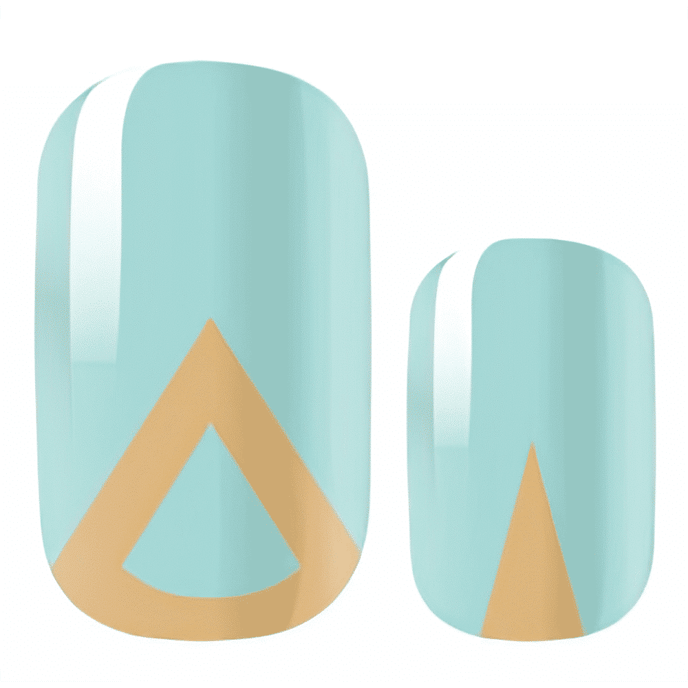 Teal nail wraps featuring gold triangle art deco design close-up view