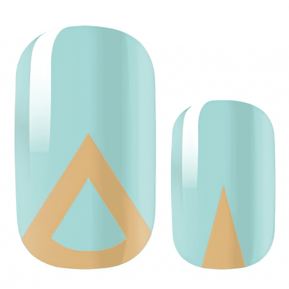 Teal nail wraps featuring gold triangle art deco design close-up view