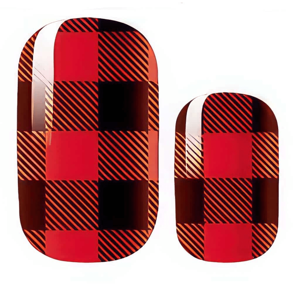 Buffalo check nail wraps in red black pattern close-up showing tartan plaid design details