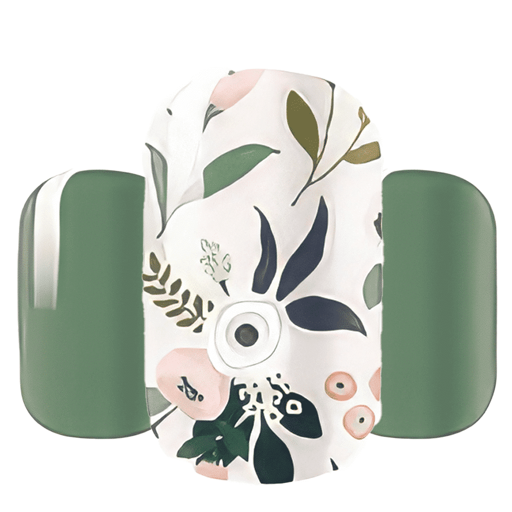 Wide fit nail wraps in sage green with delicate botanical floral patterns