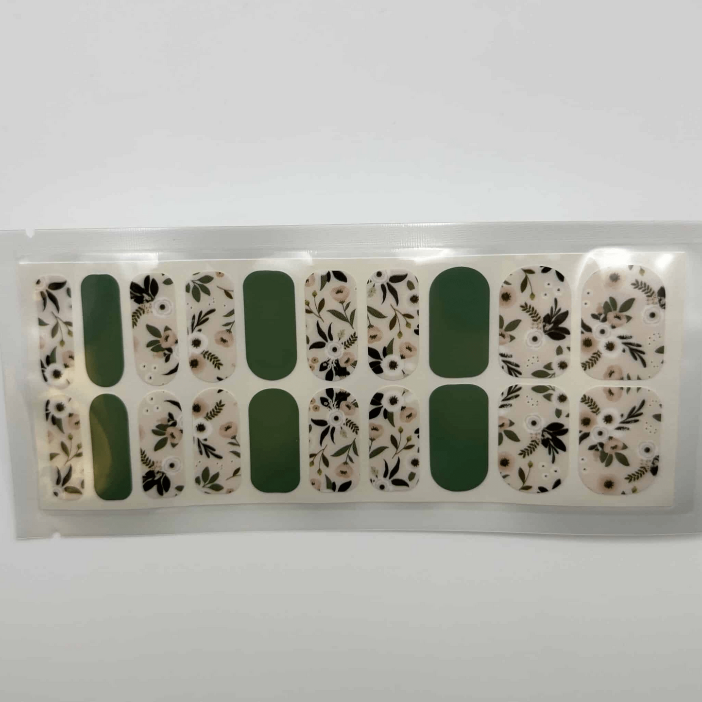 Non-UV nail wrap sheet featuring sage green and botanical leaf pattern designs