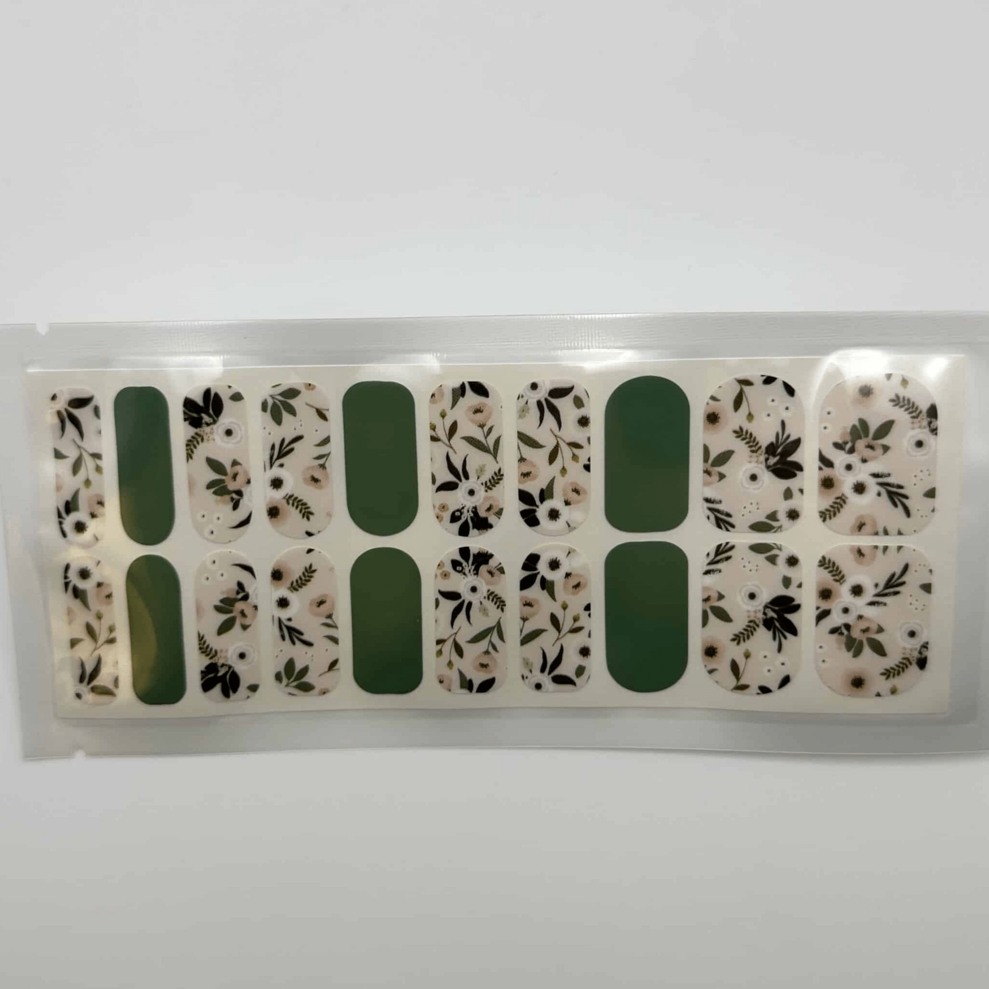 Non-UV nail wrap sheet featuring sage green and botanical leaf pattern designs