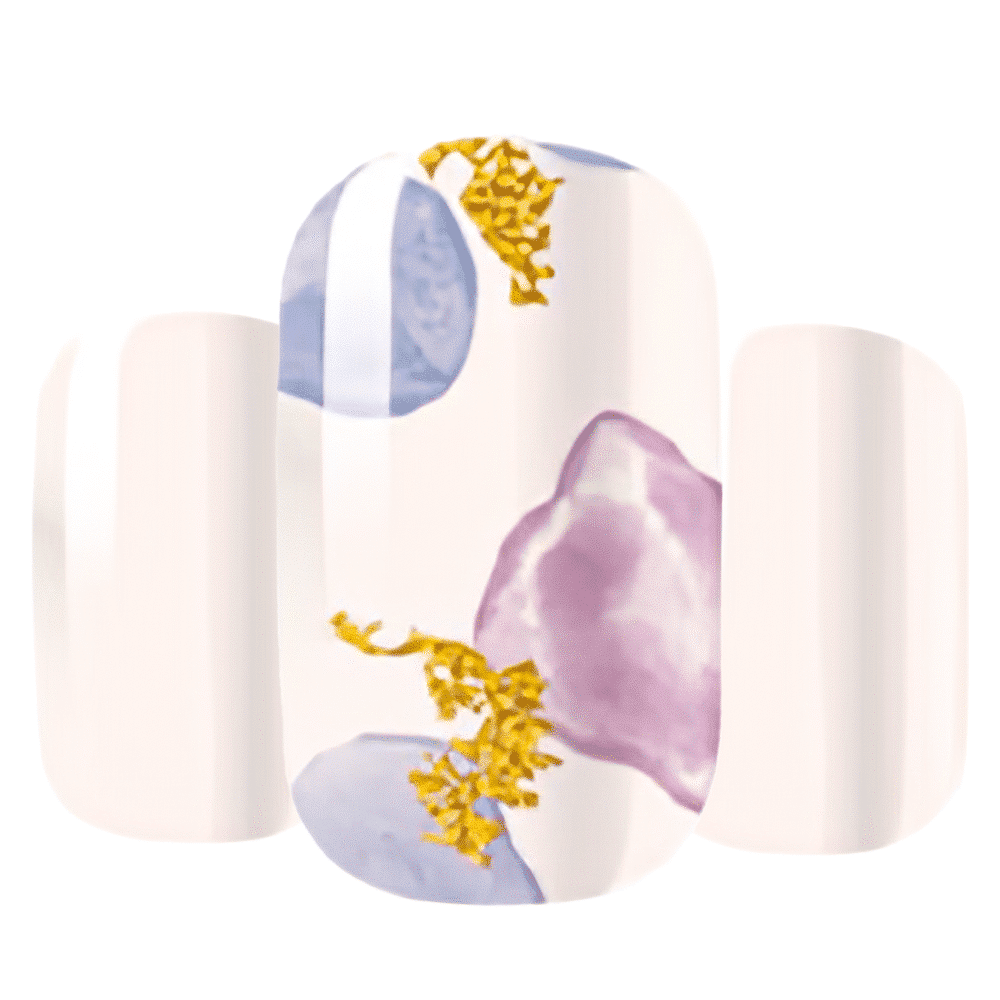 Pastel blue and purple watercolour flower nail art wraps close up detail