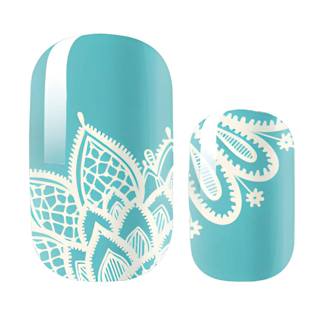 Turquoise nail wraps with white paisley mandala designs for bohemian manicure style