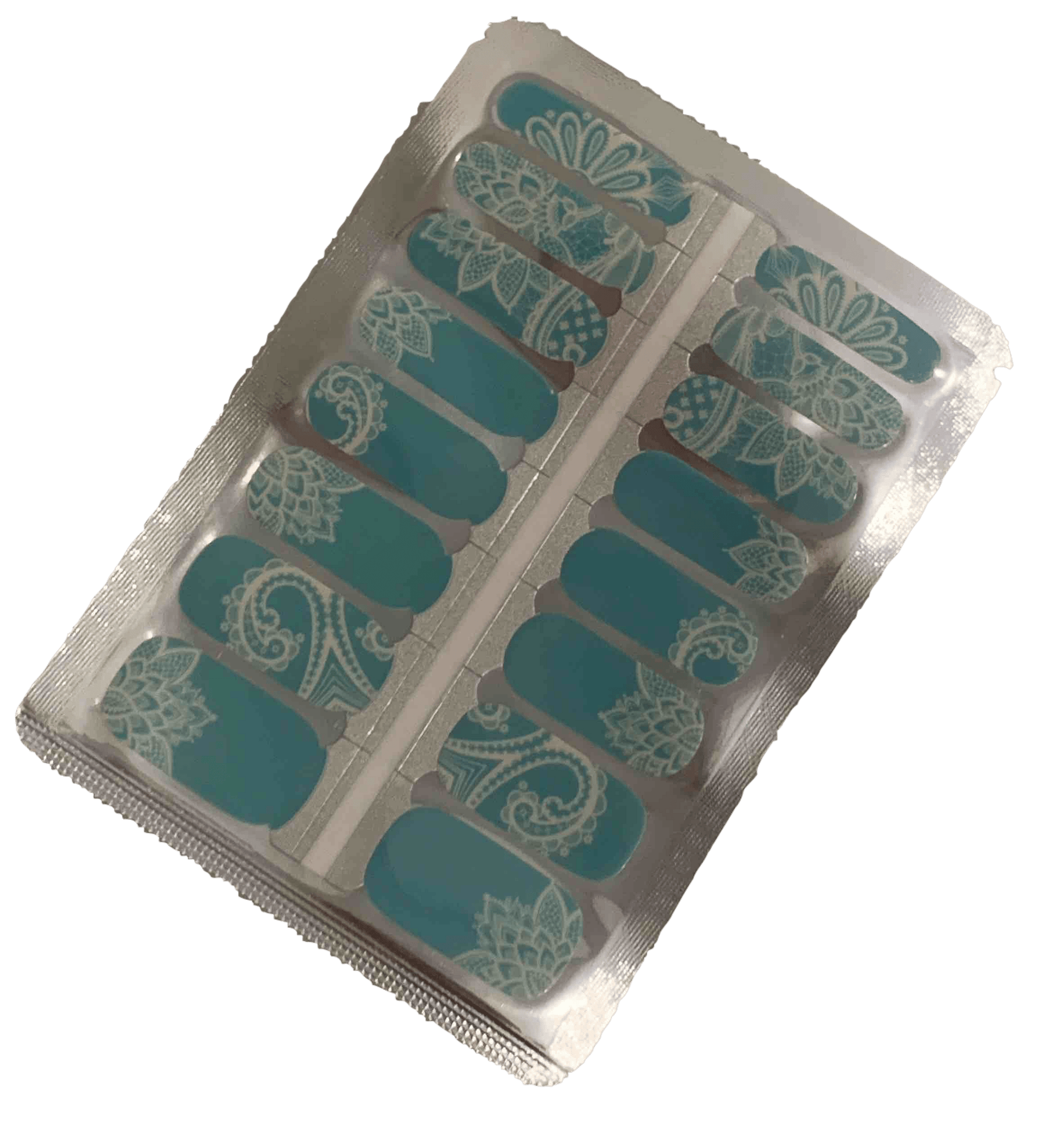 Turquoise nail wraps sheet with white lace mandala patterns for at-home manicure