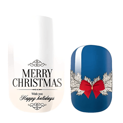 Blue Christmas nail wraps with white snowflakes and red bow design displayed with Merry Christmas text