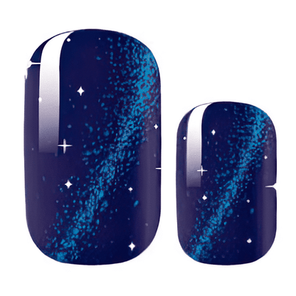 Navy blue nail art wraps featuring Milky Way galaxy sparkle design