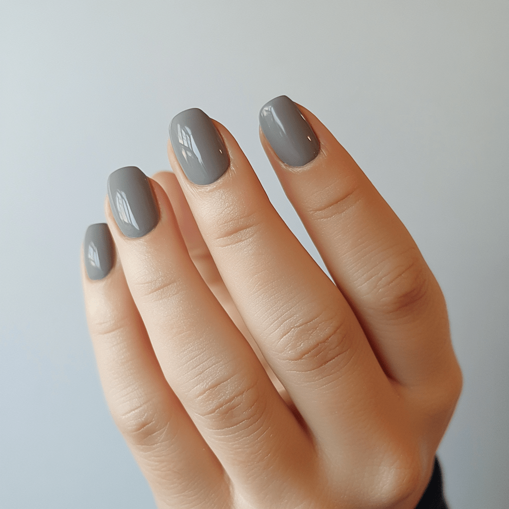 Charcoal grey nail wraps on hand displaying sophisticated solid colour manicure