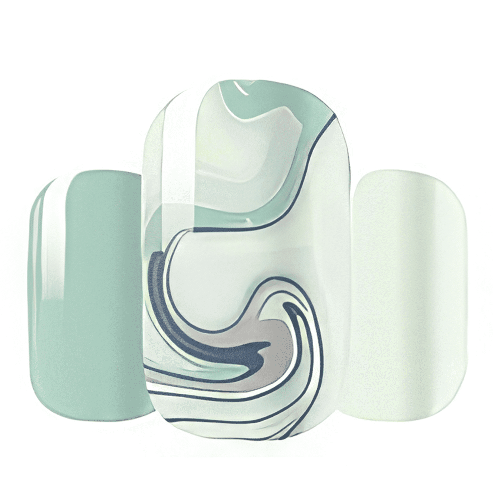 Sage green marble effect nail wraps with white swirl patterns for at-home manicure