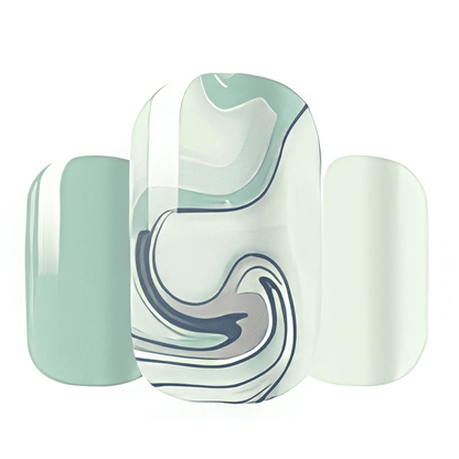 Sage green marble effect nail wraps with white swirl patterns for at-home manicure