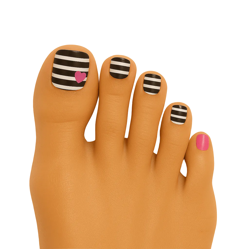 Black and white striped pedicure nail wraps with pink heart accent on toes