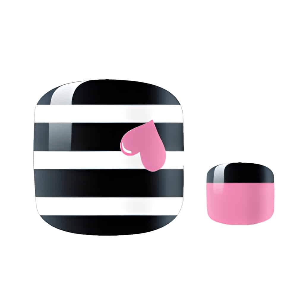 Monochrome striped nail wraps with pink heart design for pedicure application