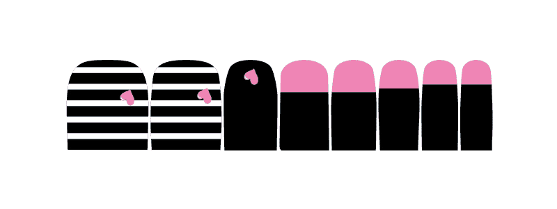 Black and pink nail wrap strips showing heart design pattern for pedicure nails