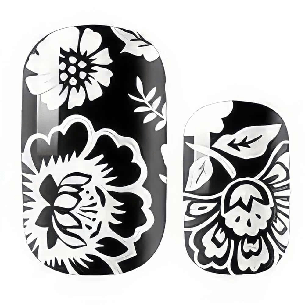 Black and white floral nail wraps showing monochrome botanical nail art design