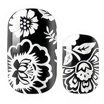 Black and white floral nail wraps showing monochrome botanical nail art design