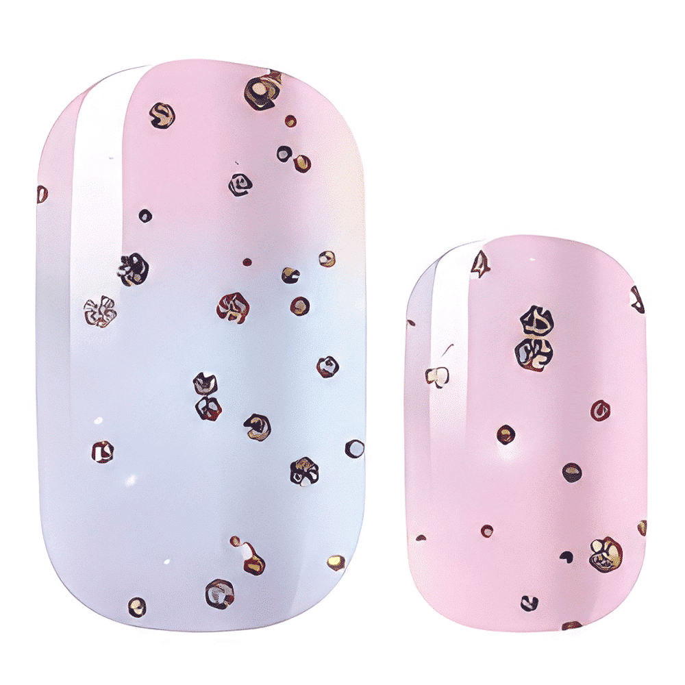 Pink to blue gradient nail wraps with metallic dots and glitter celestial pattern
