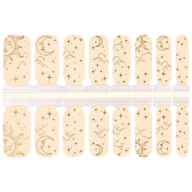 Non-UV nail wraps sheet with celestial gold moon star patterns on nude background