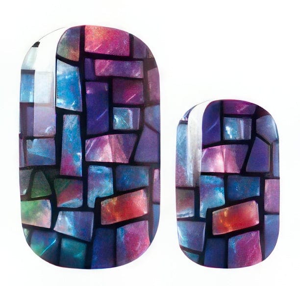 Holographic mosaic nail wraps showing prismatic geometric pattern in blues, purples and copper tones