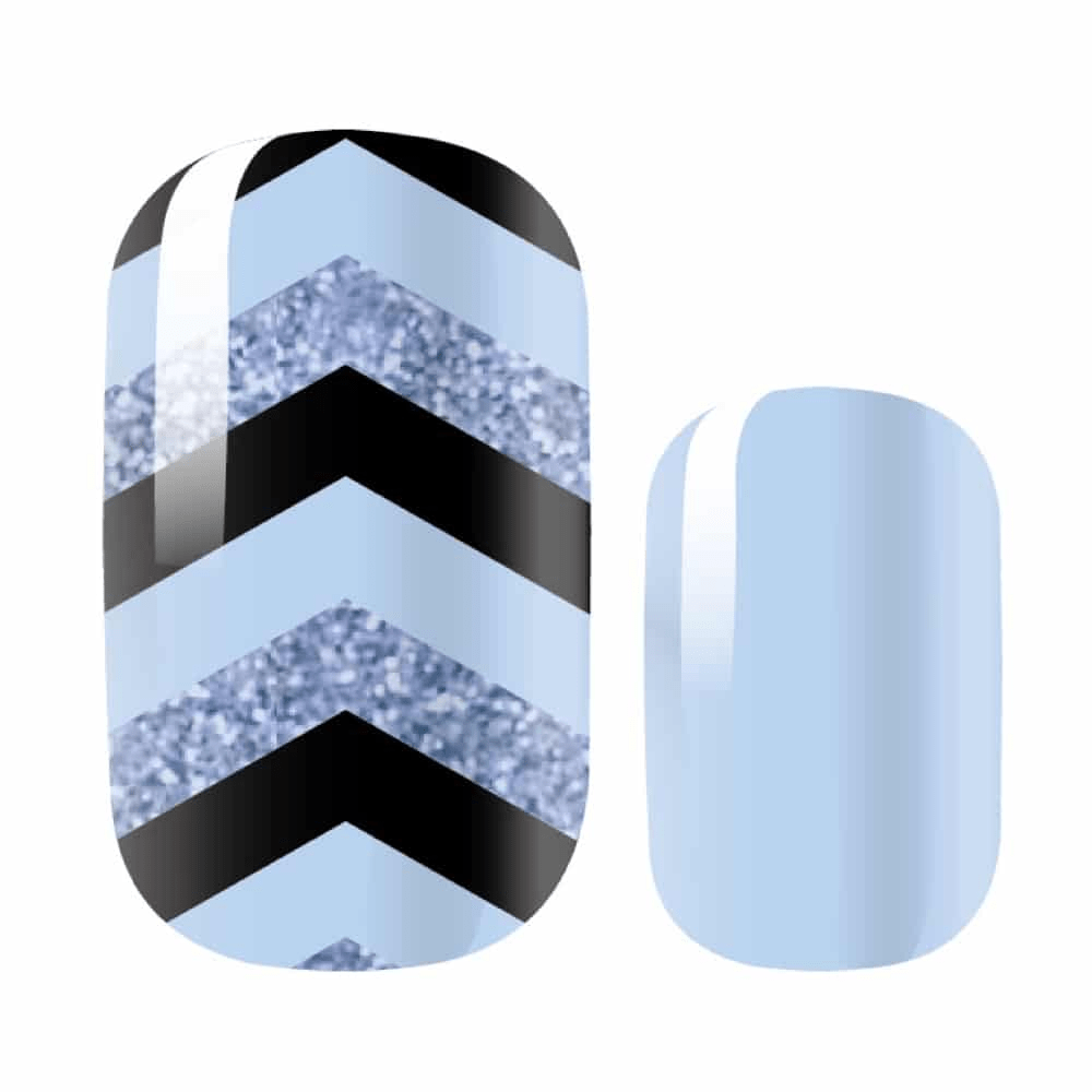 Blue silver and black chevron pattern nail wraps with glitter geometric design close-up
