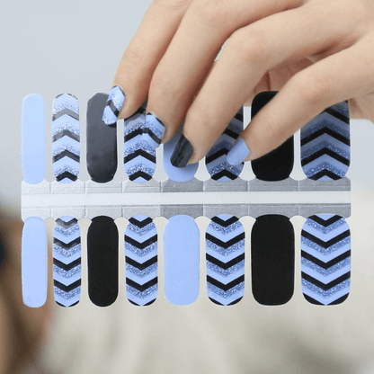 Non-UV nail wraps sheet featuring blue black chevron geometric pattern designs