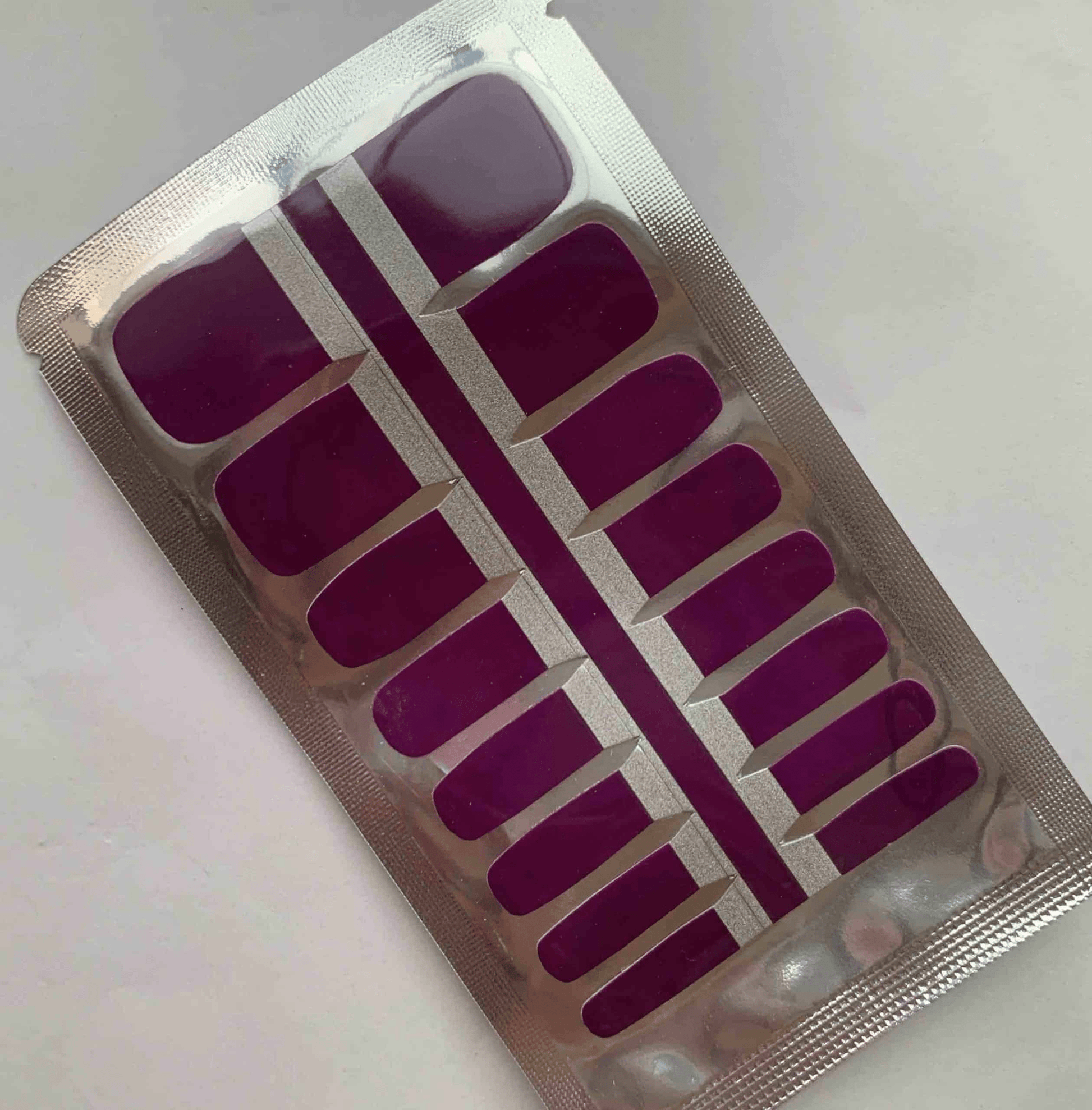 Purple non-UV pedicure nail wraps packaging showing complete set for at-home pedicure