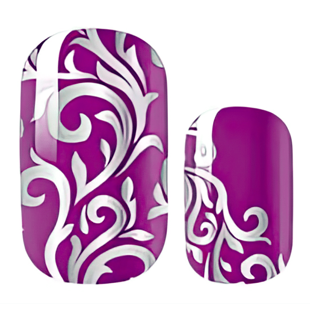 Purple nail wraps with silver baroque swirl pattern ornate decorative design