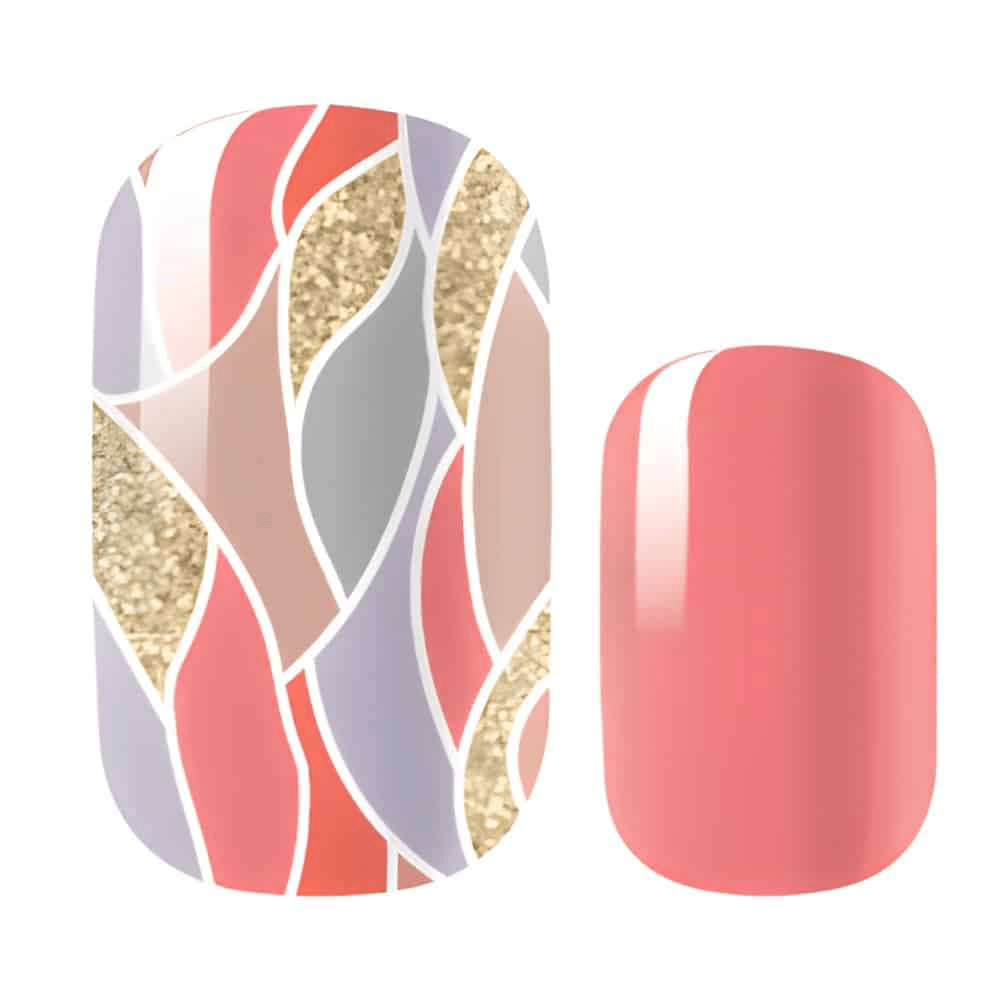 Coral pink and gold glitter feather pattern nail wraps with solid coral accent nail