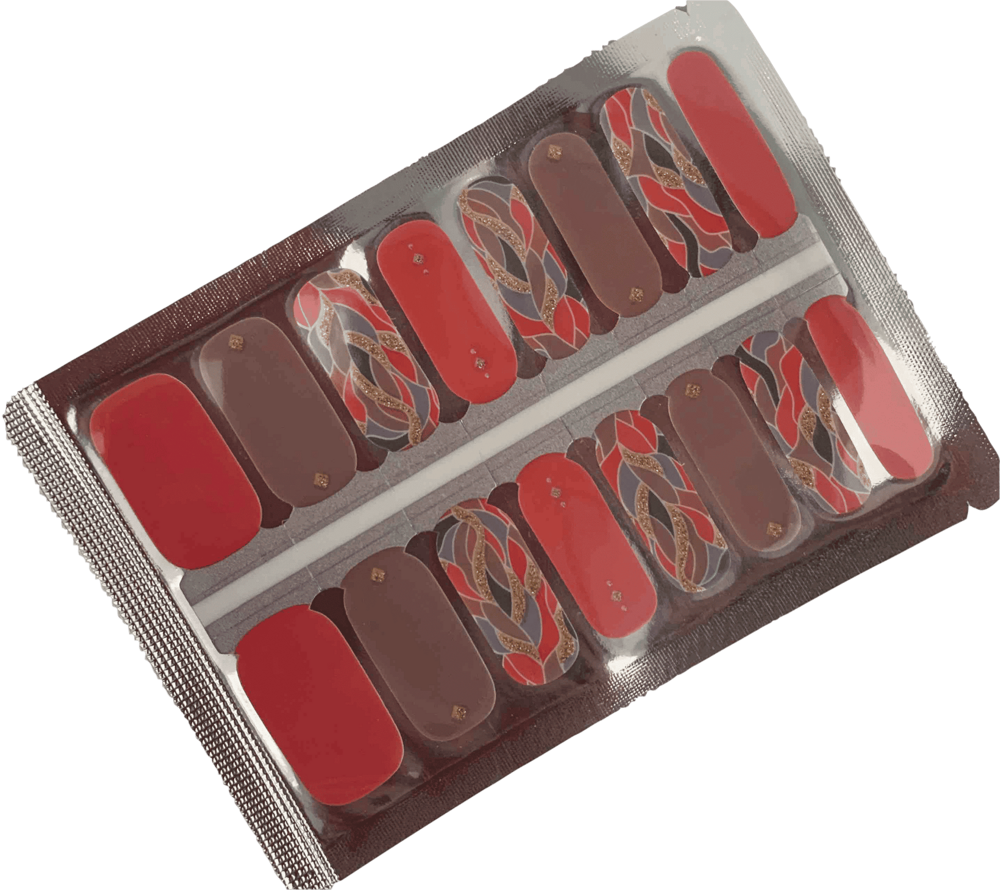 Non-UV nail wraps sheet featuring coral pink and brown with metallic gold feather design