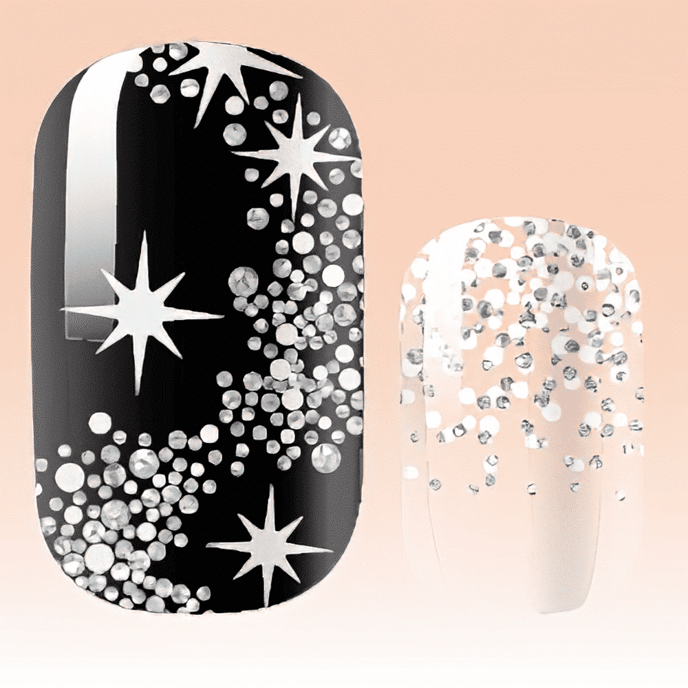 Non-UV nail wraps featuring black base with silver stars and glitter pattern design