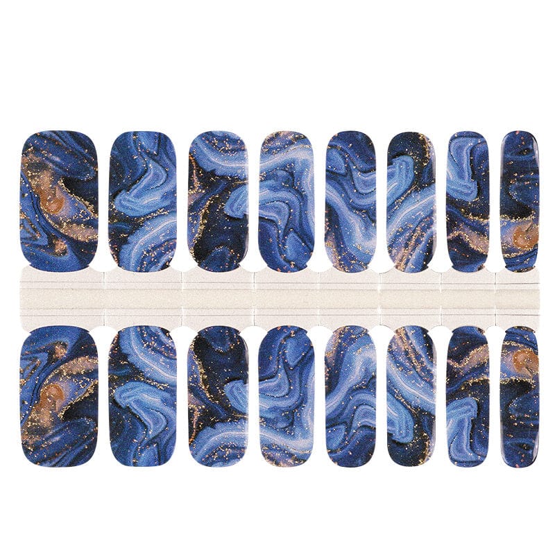 Blue marble gel nail wraps with copper metallic veining and abstract stone pattern
