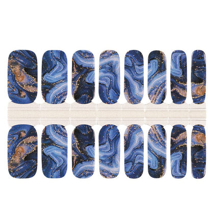 Blue marble gel nail wraps with copper metallic veining and abstract stone pattern