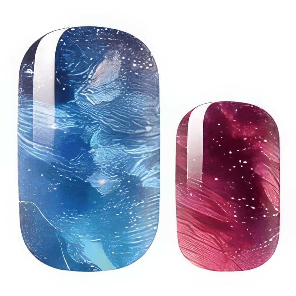 Blue and burgundy sparkly aurora gel nail wraps with cosmic glitter pattern